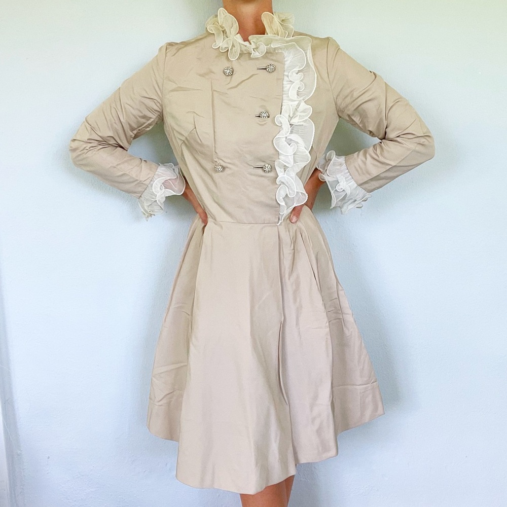 Vintage Mr. Frank New York tan ruffle trim jacket style wrap dress size 12 - Picture 16 of 16